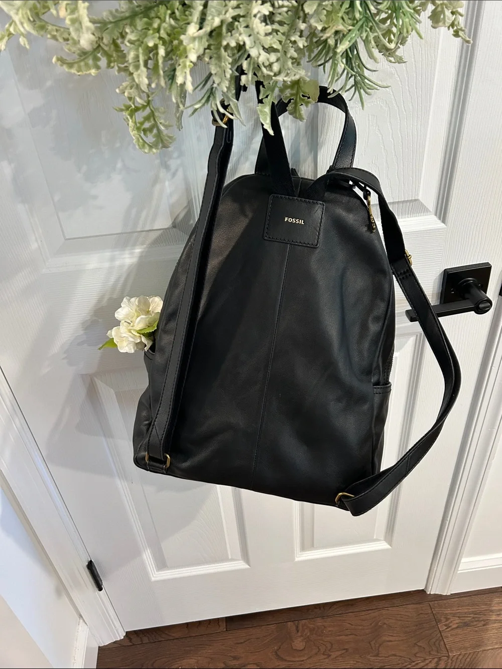 Fossil Black Leather Backpack with Gold Hardware